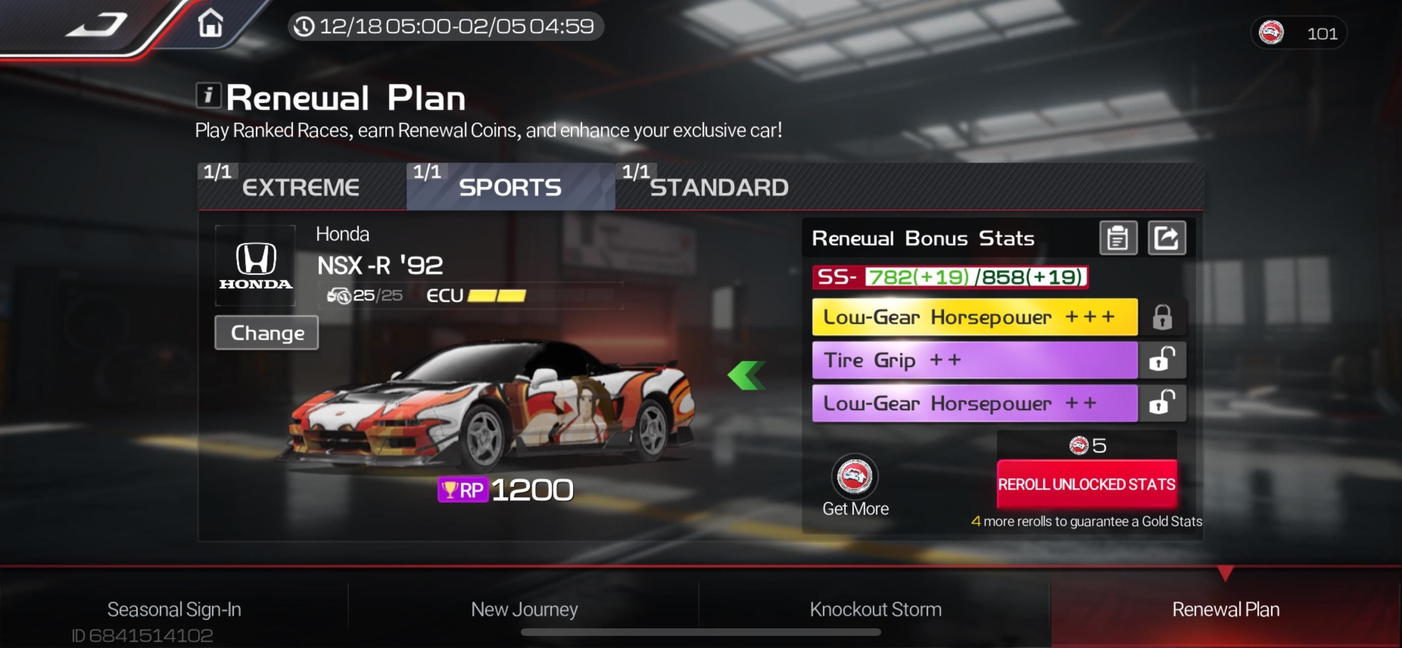 Racing Master garage showing Car Renewal Plan token upgrades applied to an Extreme tier car