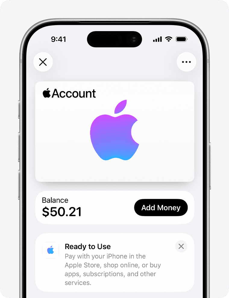 Apple Wallet interface displaying an updated Apple Account balance