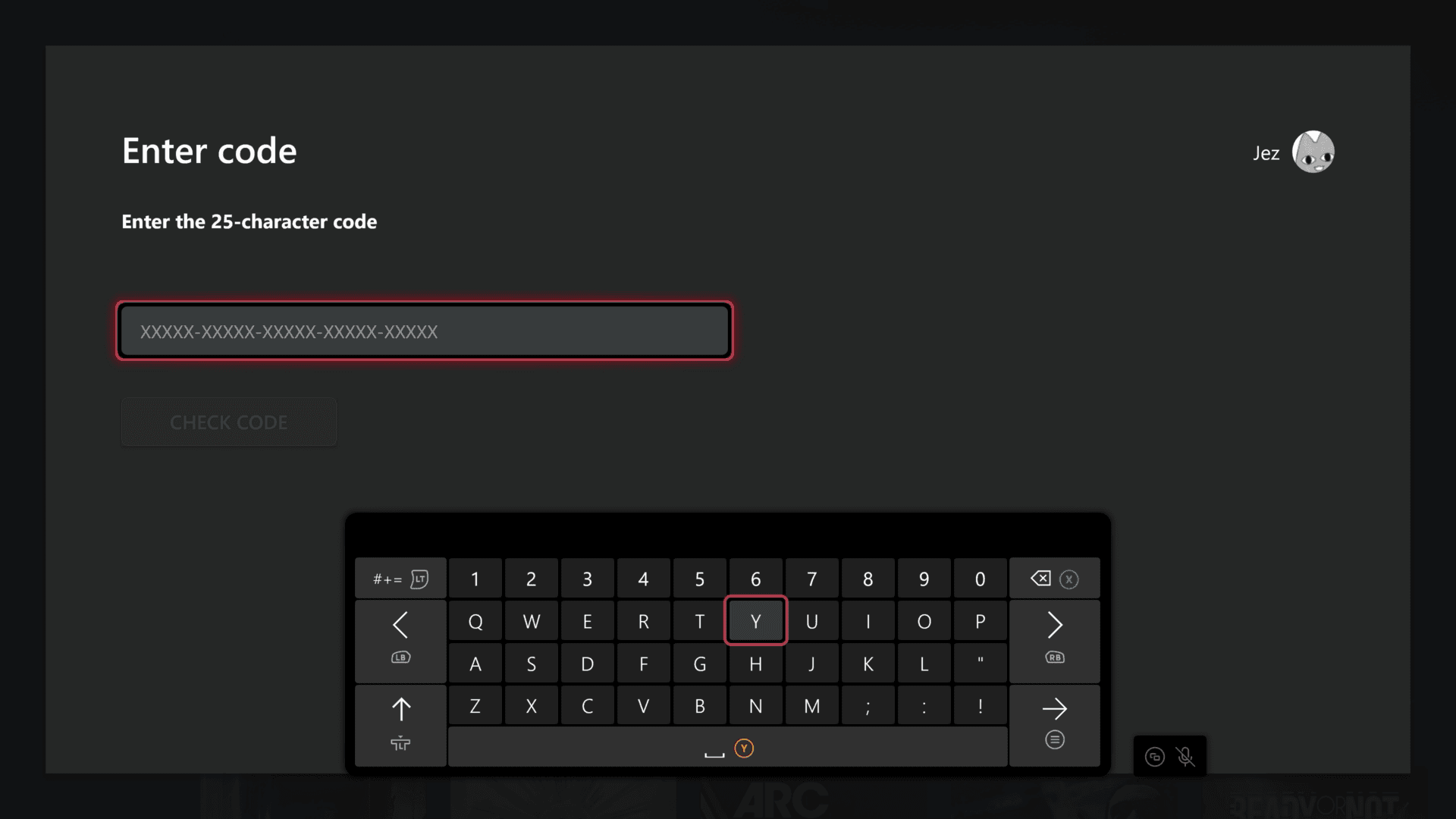 Xbox console Store interface with profile icon drop-down showing Redeem code or gift cards