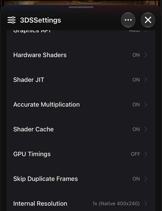 Grafik-Konfigurationsmenü im Emulator mit Auflösungsskalierung