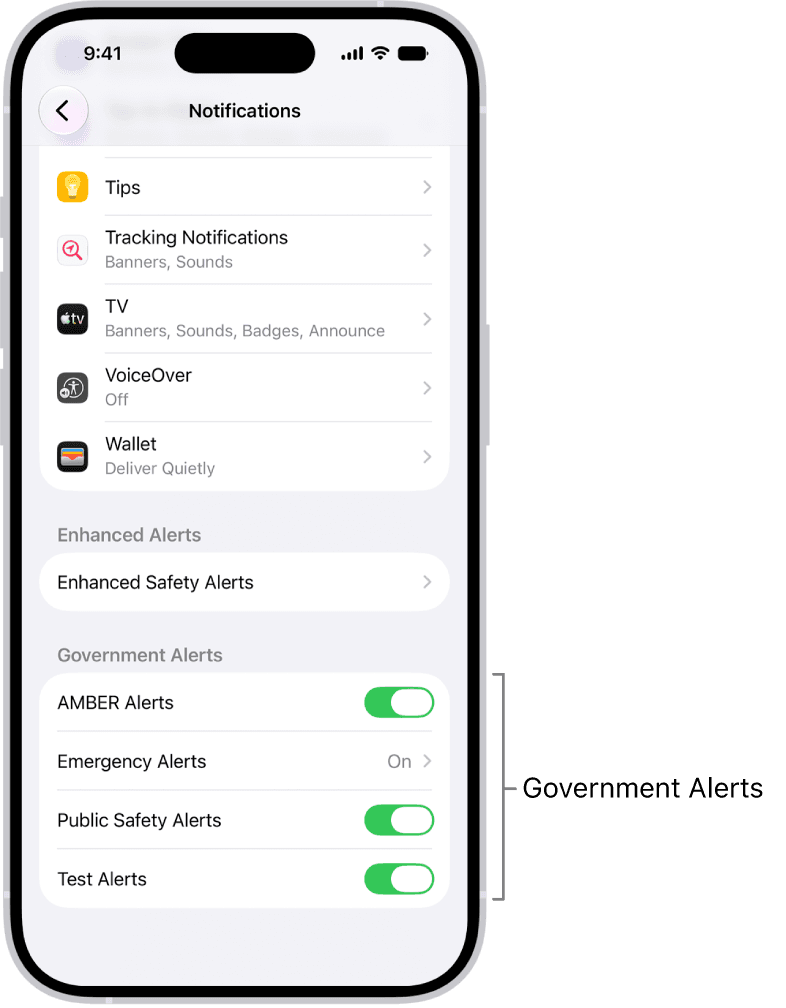 หน้าจอการตั้งค่าการแจ้งเตือนของ iOS แสดงรูปแบบการเตือนและปุ่มเปิดปิดเสียง