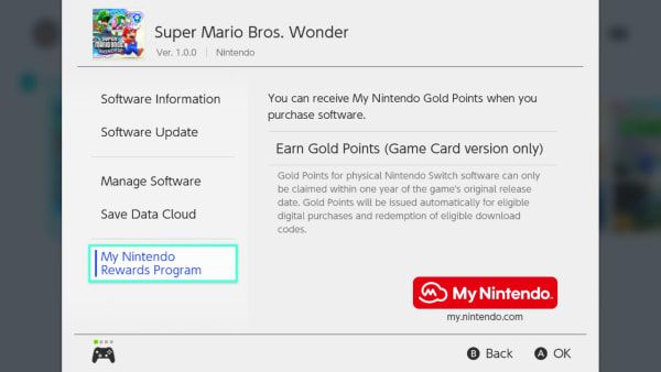 Écran des options d'un logiciel Nintendo Switch montrant le bouton pour réclamer les points My Nintendo