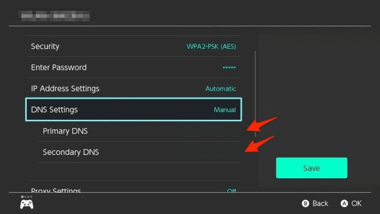 Nintendo Switch DNS मैनुअल सेटिंग्स एंट्री