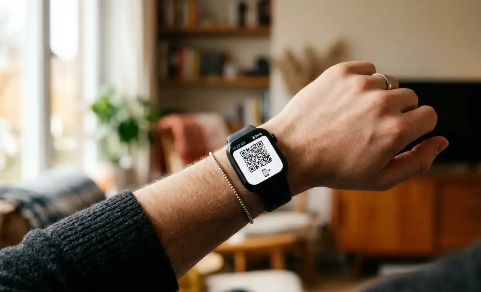 Wear OS smartwatch displaying digital payment barcode for touchless checkout