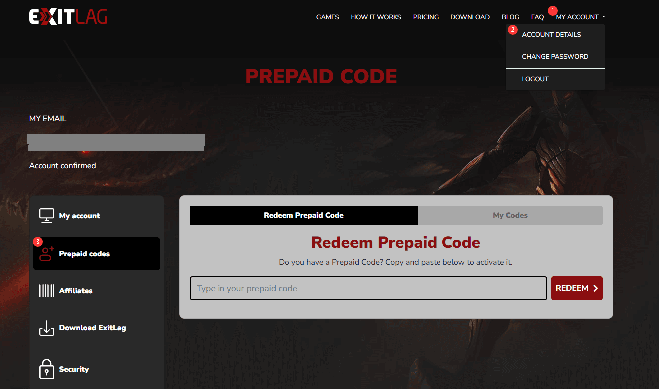 ExitLag account management page showing the prepaid code redemption field