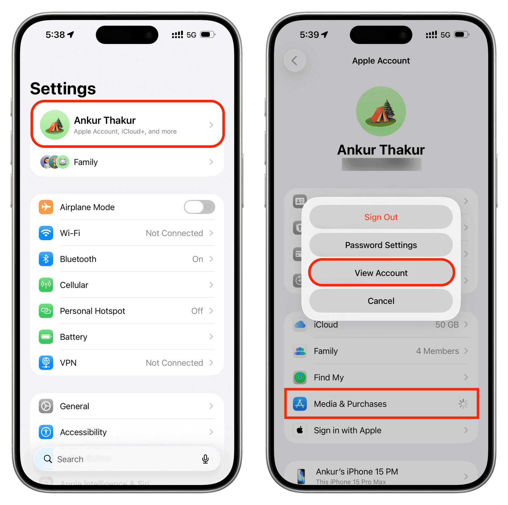 Apple Account Media and Purchases settings menu listing submitted App Store reviews