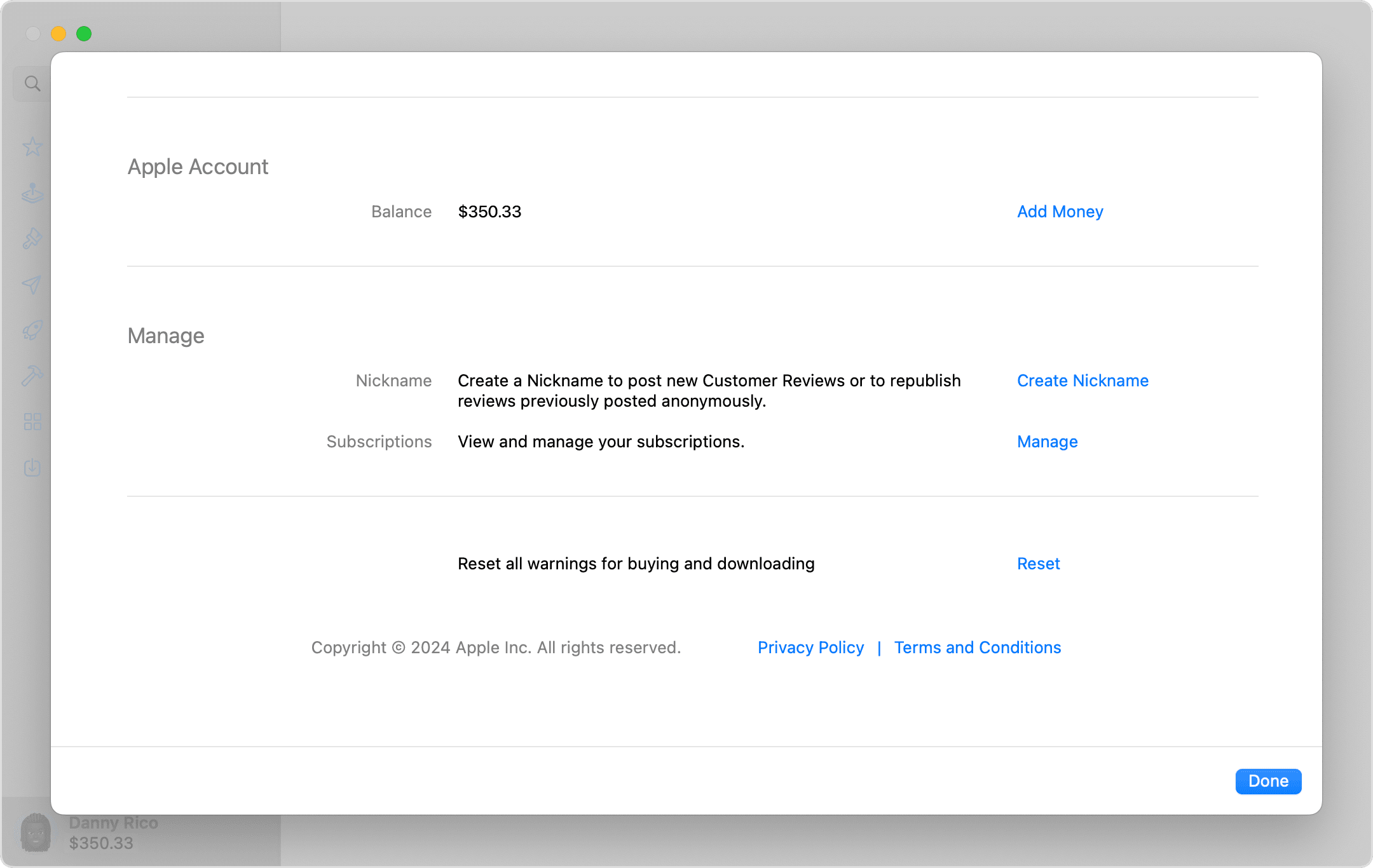 Mac 电脑 App Store 设置中显示的 Apple 账户余额