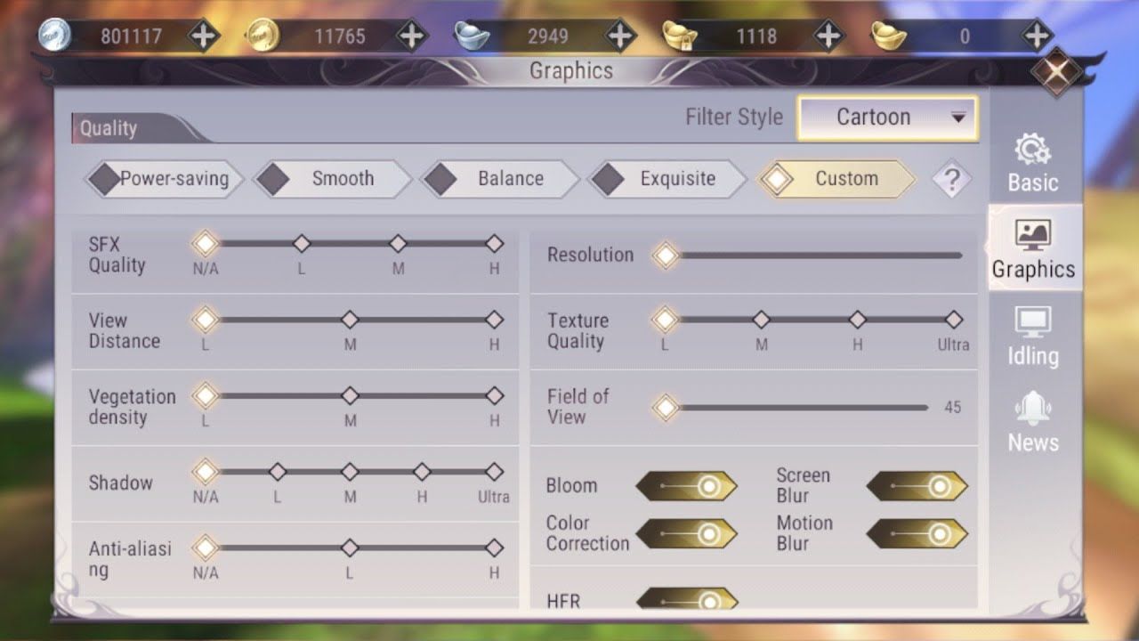 In-game graphics options menu in Perfect World Mobile showing frame rate toggles
