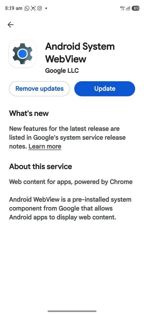 Android system settings screen showing system webview and app components