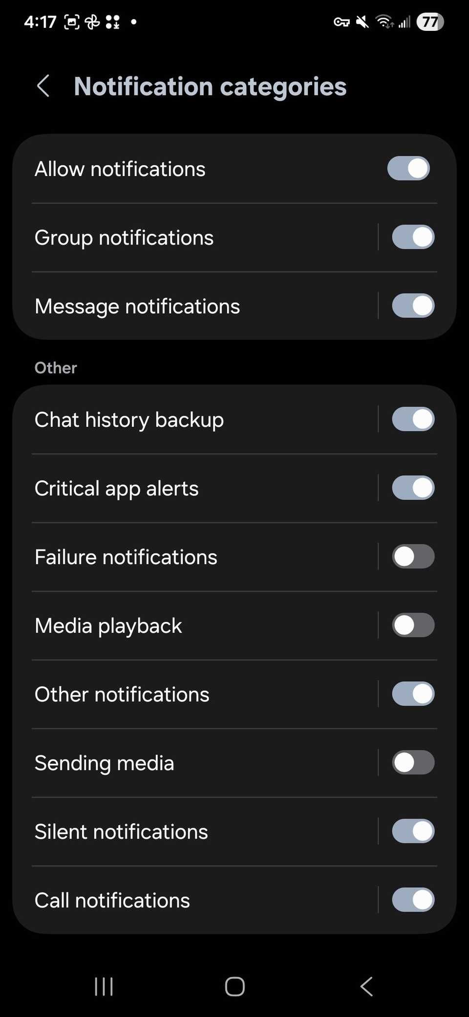Samsung Galaxy settings showing the toggle for managing notification categories per app