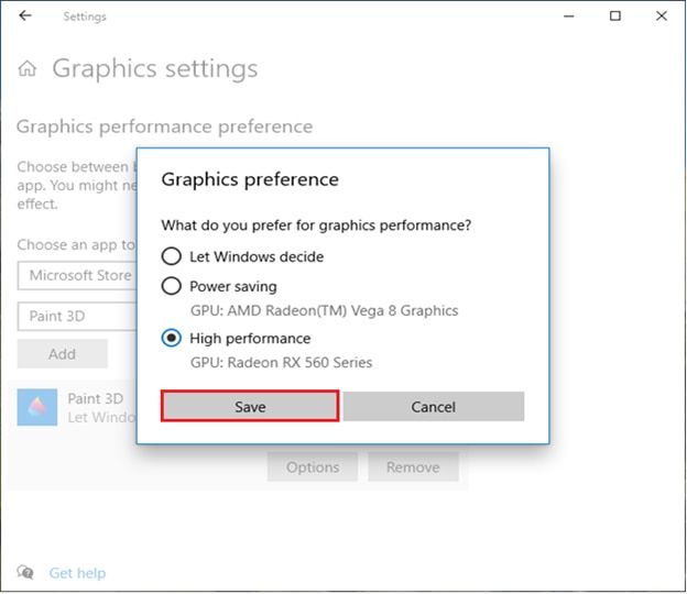 Windows System Display Graphics settings configuring RobloxPlayerBeta.exe to High Performance