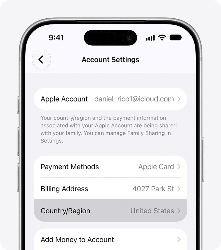 Apple ID country and region selection setting for Taiwan