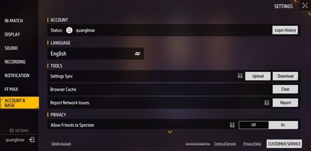 In-game basic settings menu highlighting current account server region
