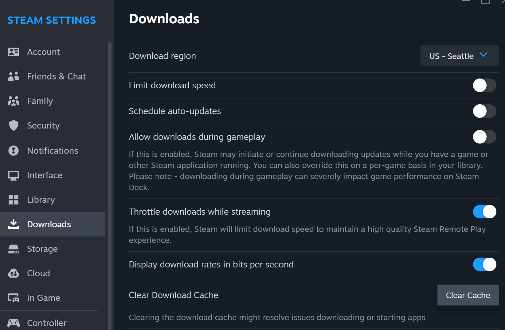 Steam client settings menu showing clear download cache option