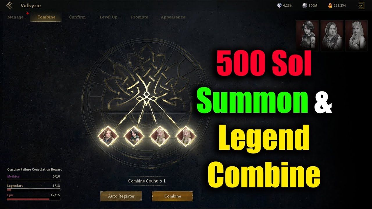 Interfaz de invocación de Legend of YMIR mostrando las opciones de tirada de cartas Valkyrie y Disir