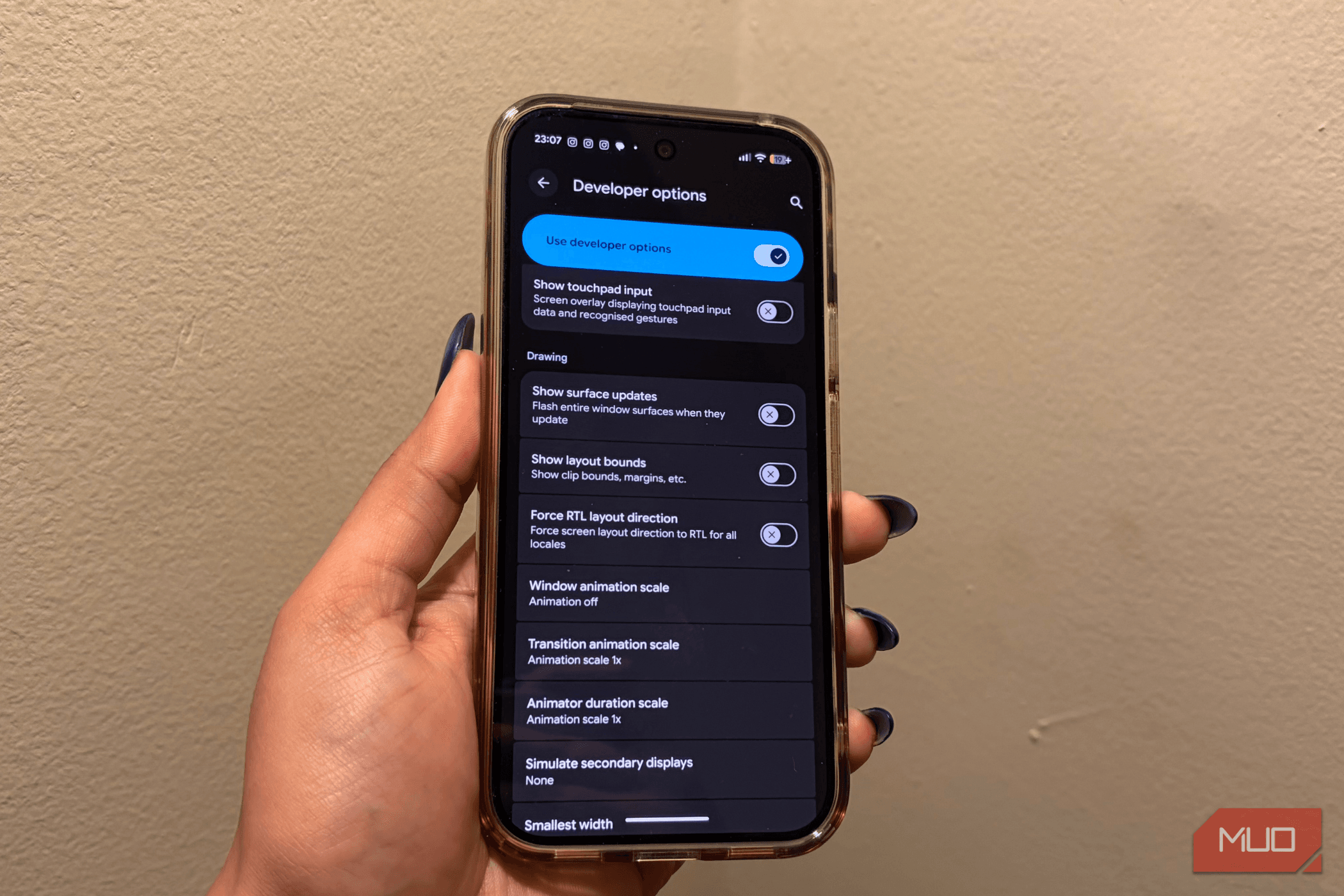 Android developer options menu highlighting animation scale options set to point five x