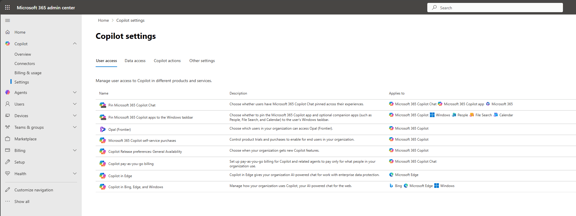 Interface do centro de administração do Microsoft 365 mostrando as preferências de lançamento da organização