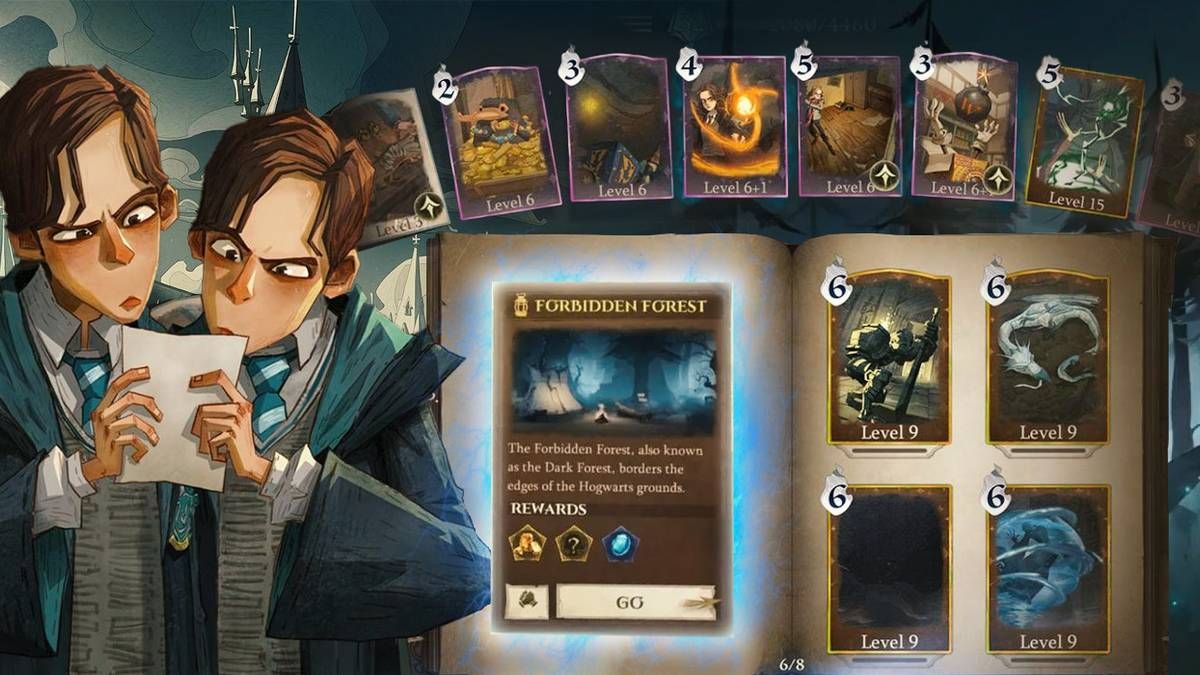 Forbidden Forest boss combat deck setup with Minerva and Hermione companions in Harry Potter Magic Awakened