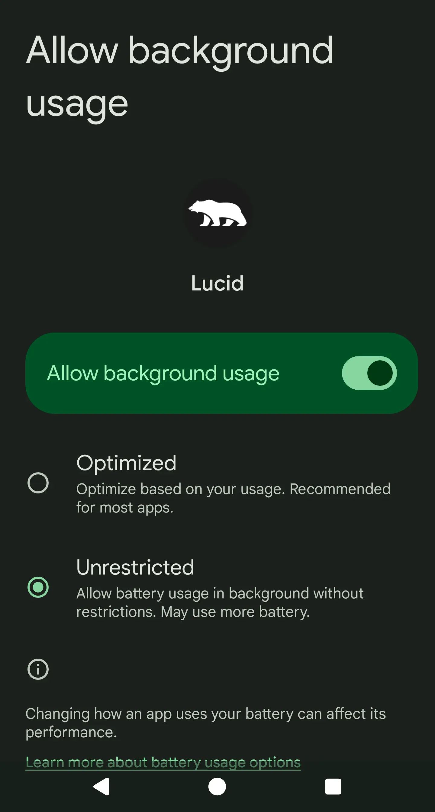 Android app battery usage settings screen showing Unrestricted selected