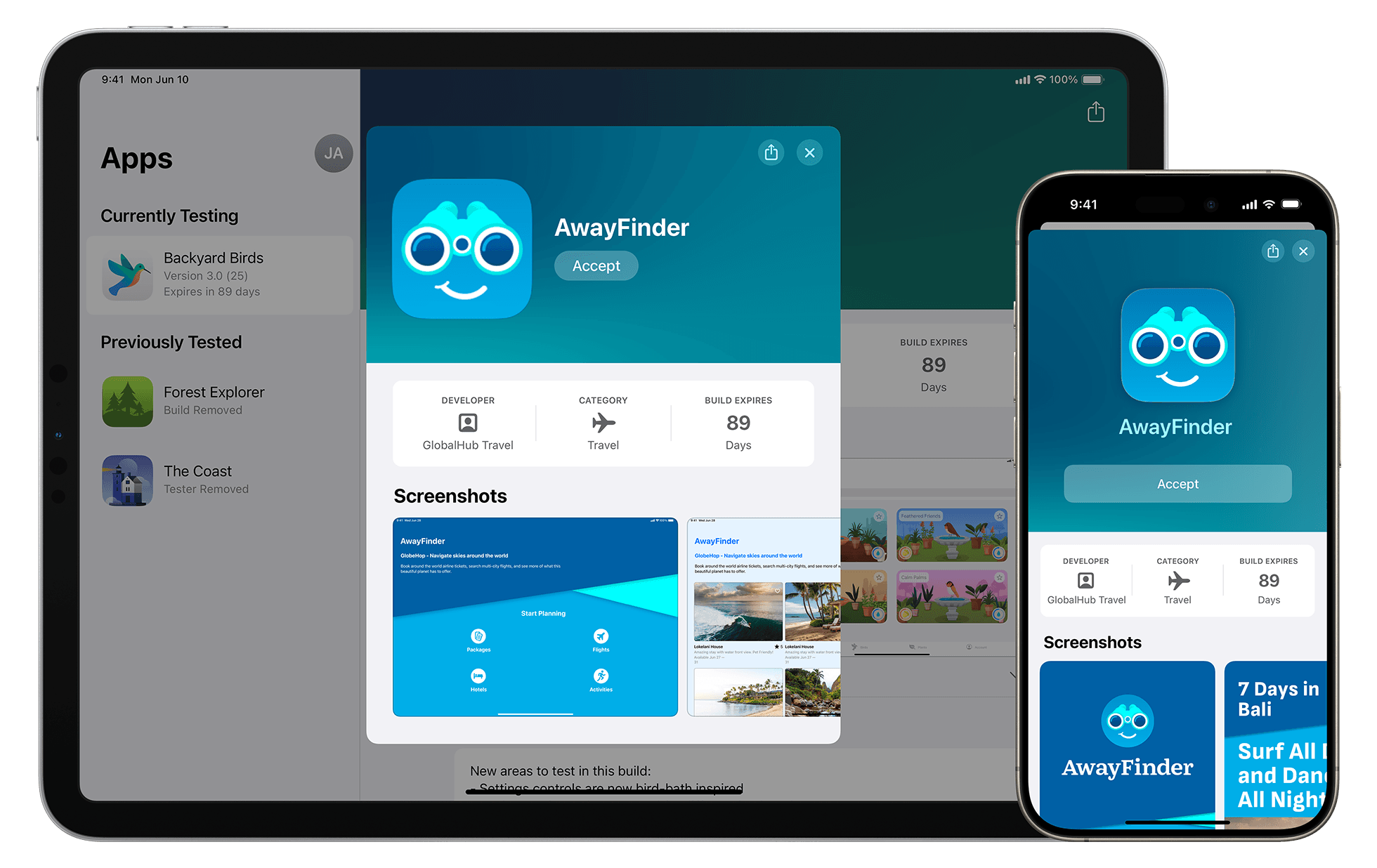 Ecran de instalare și invitație Apple TestFlight