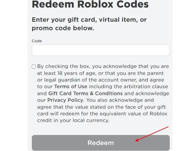 Roblox 禮品卡兌換頁面顯示帳戶儲值金餘額已入帳