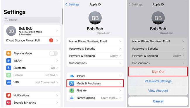 iOS-Einstellungsmenü mit getrennten Accounts für iCloud sowie Medien & Käufe