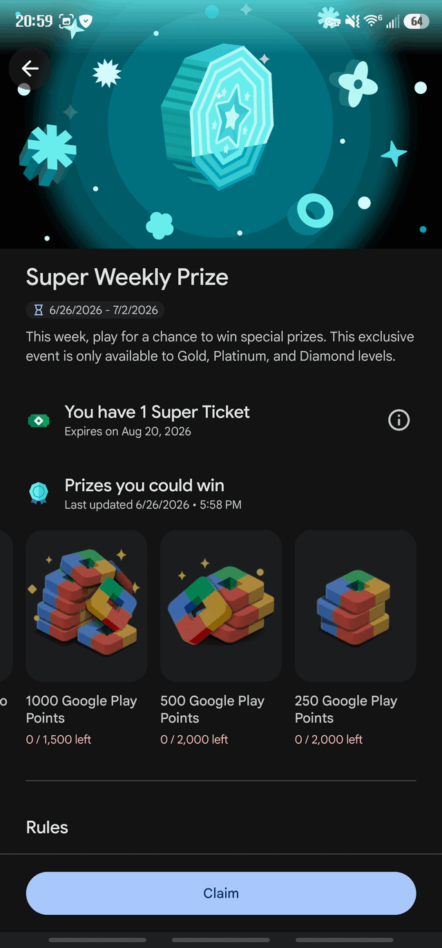 User claiming weekly Play Points bonus card on an Android device