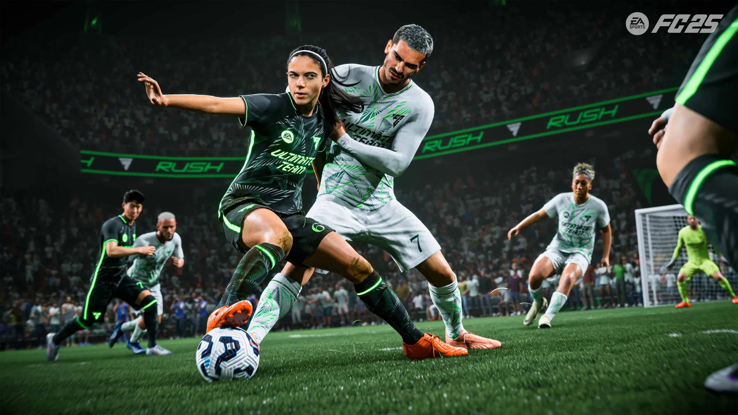FC 25 러쉬 밀착 1대1 태클 장면