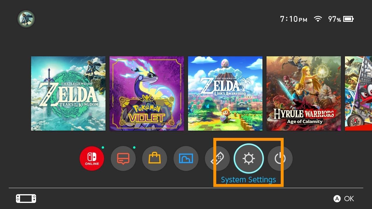 Nintendo Switch सिस्टम सेटिंग्स मेन्यू डिस्प्ले