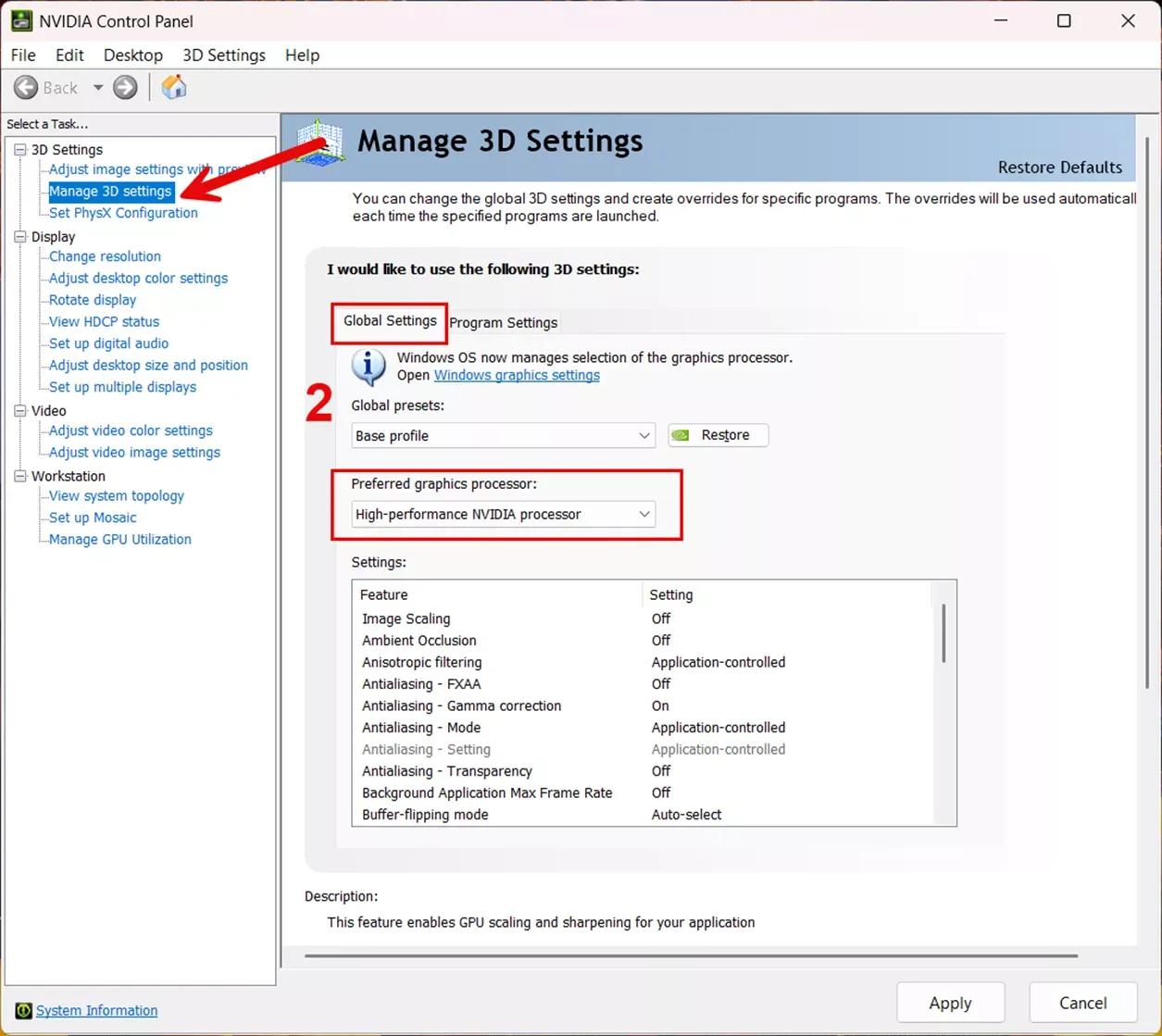 NVIDIA Control Panel Manage 3D Settings configuration interface