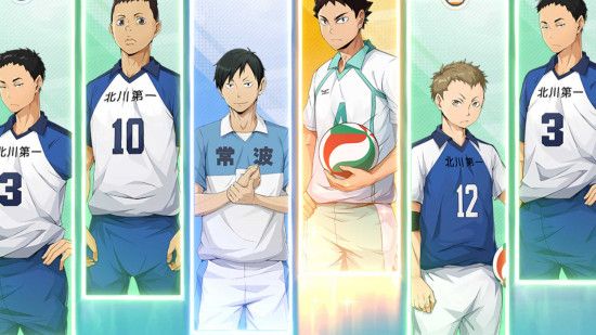 Beginner recruit ten-pull results screen featuring starter SSR characters in Haikyu Fly High
