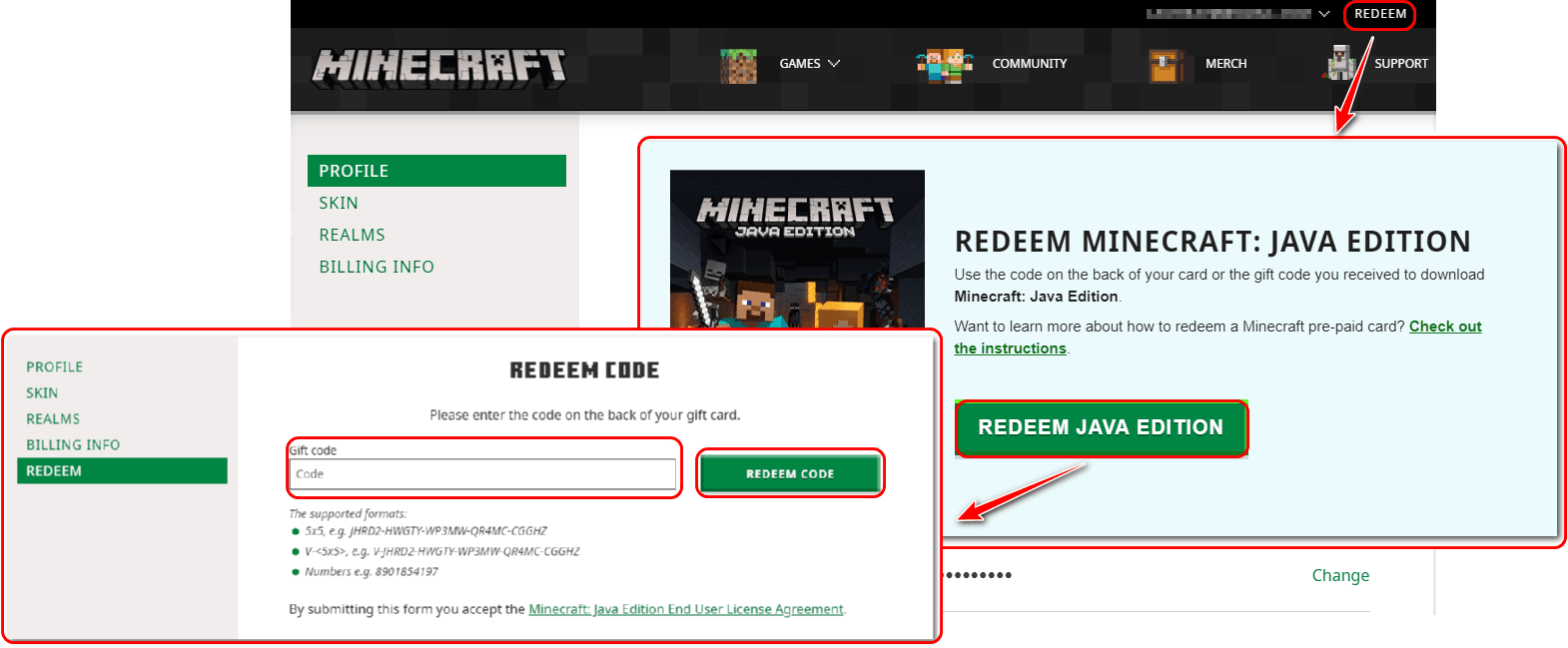 Entering a 25 digit Minecoin redemption code on a Microsoft account