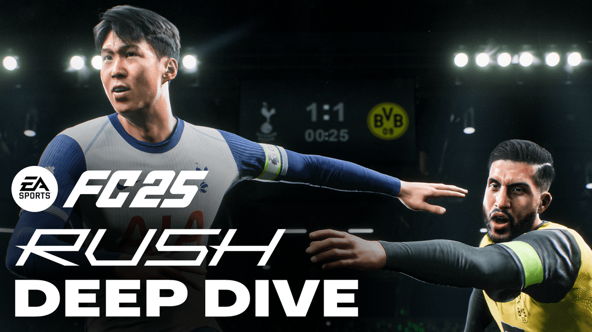 FC25 Rushのタイトな1対1でタックルを狙う試合画面