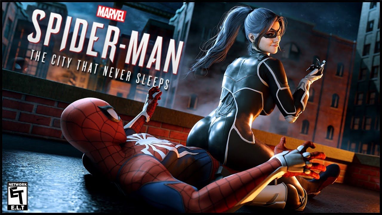 Spider-Man standing next to Black Cat in The City That Never Sleeps DLC on PC