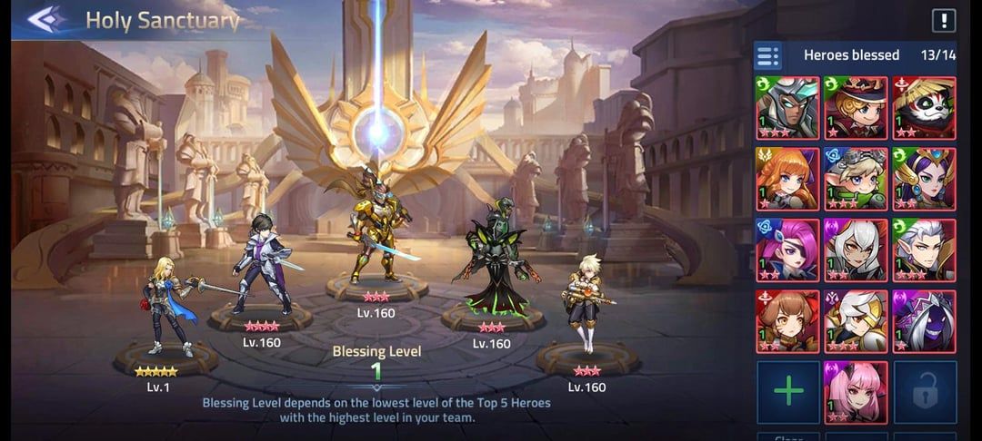 Interfața Mobile Legends Adventure Holy Sanctuary sincronizând nivelurile eroilor