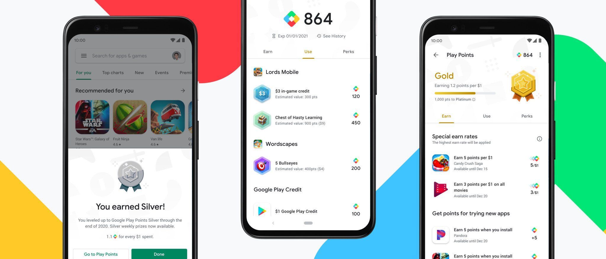 Google Play Store loyalty program interface displaying active point tiers and perks