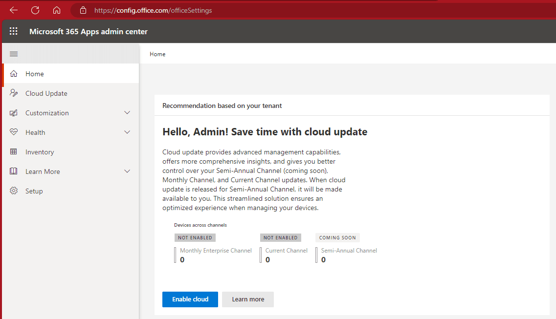 Painel do centro de administração dos Aplicativos Microsoft 365 mostrando os perfis de manutenção do Cloud Update
