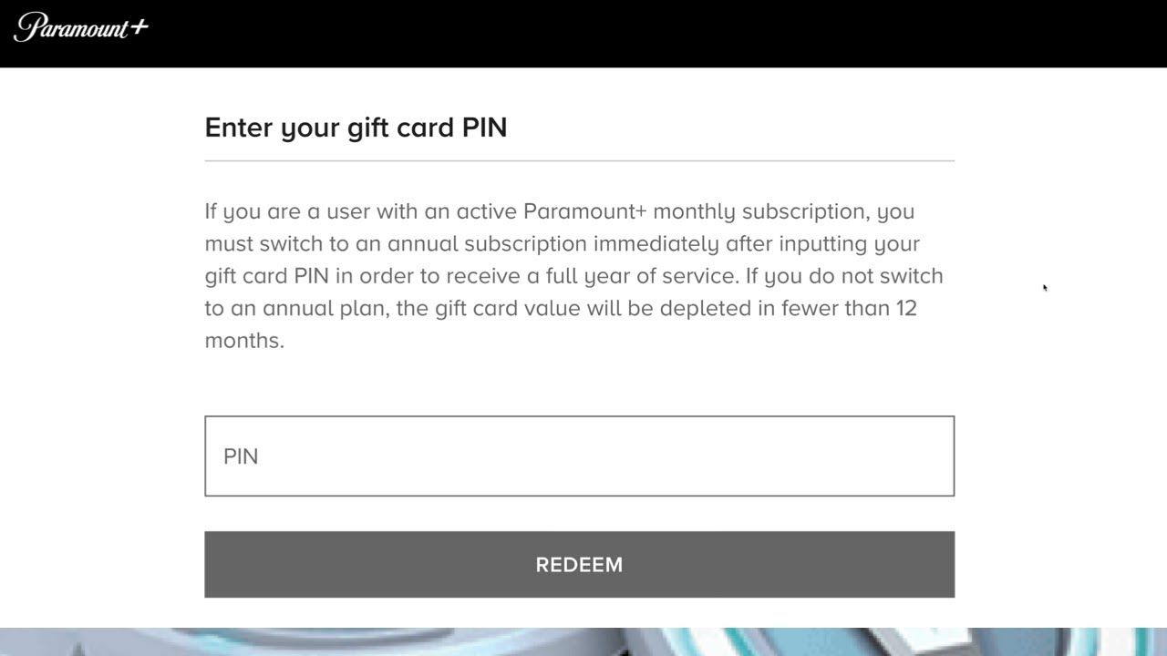Laptop browser open to the Paramount+ redeem screen where a Showtime PIN is entered