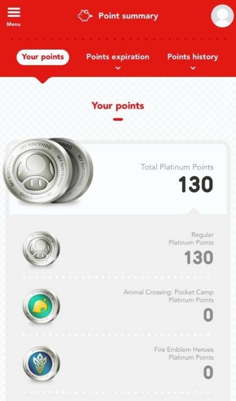 Page de compte du site web My Nintendo affichant l'historique des points et les dates d'expiration