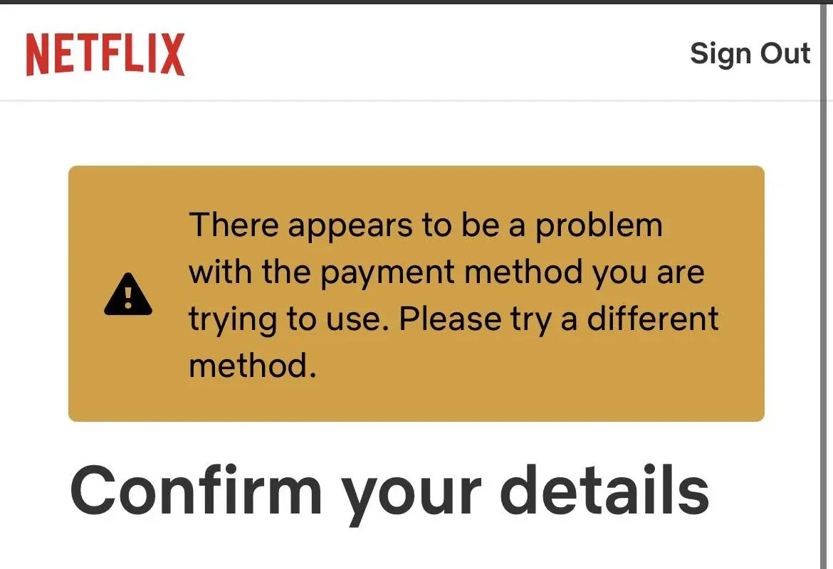 显示 Netflix 礼品卡错误代码国家/地区不匹配的屏幕截图