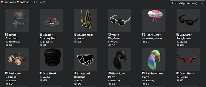Interfaccia del catalogo di Roblox ordinata per prezzo dal più basso al più alto per mostrare gli accessori gratuiti per l'avatar