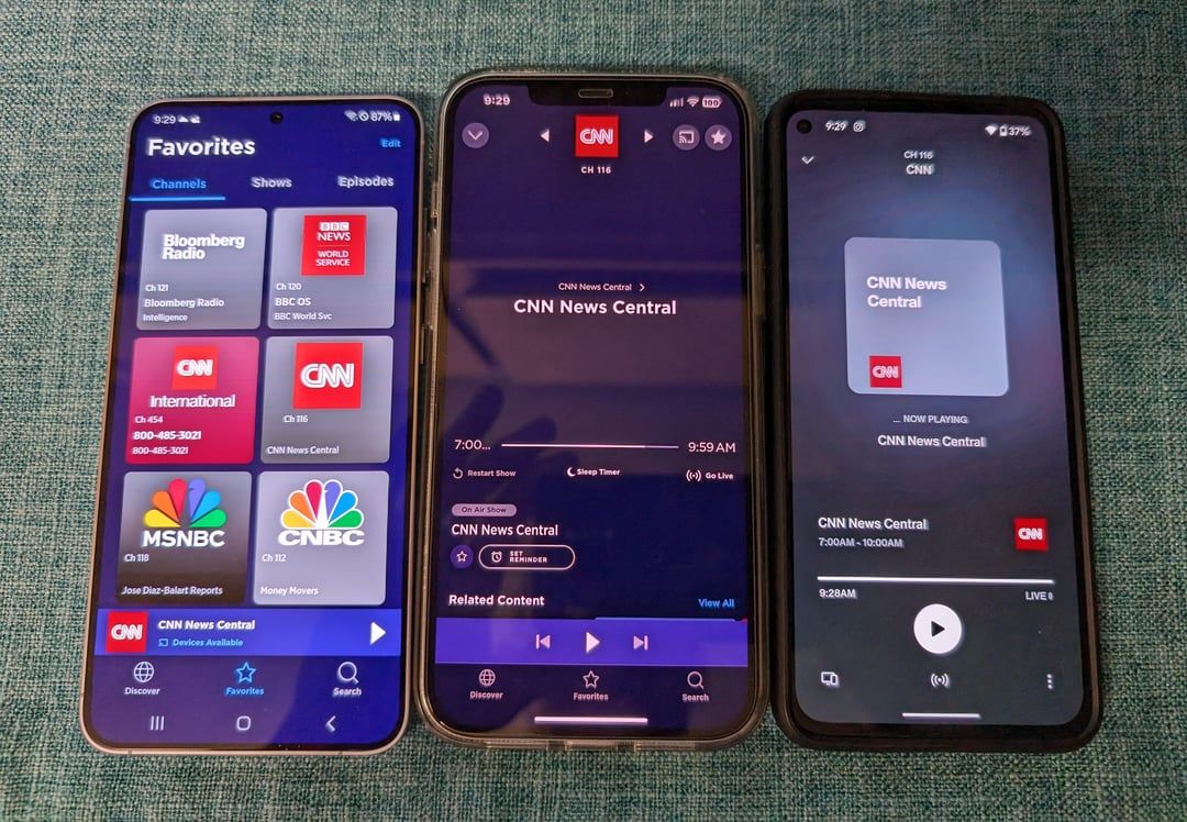 Antara muka main balik audio saluran bual bicara SiriusXM di Android