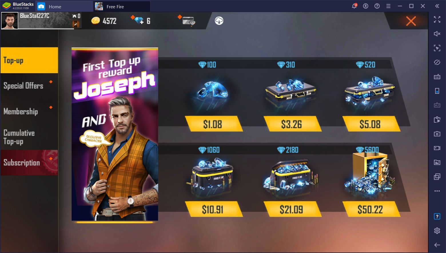 Free Fire in game store top up interface showing diamond balance