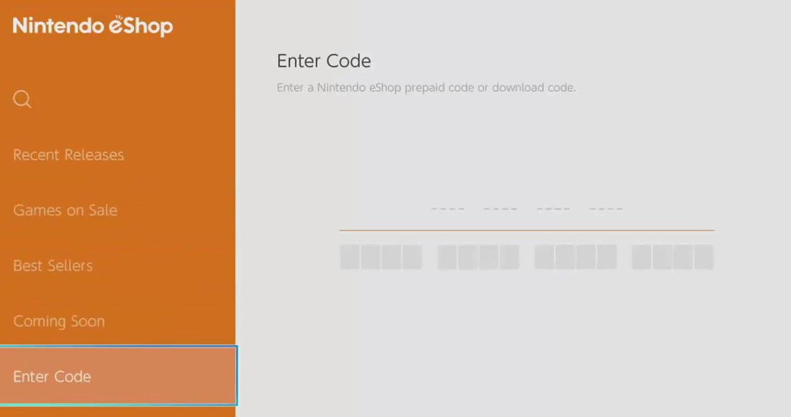 Nintendo eShop कोड रिडेम्पशन मेन्यू