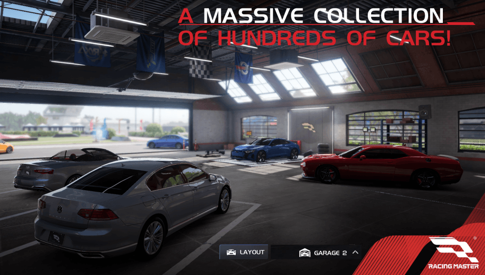 Racing Master SEA garage lobby with a featured hypercar and event banners
