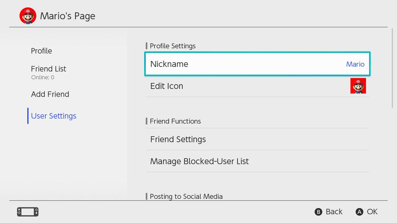 Nintendo Switch profile and account settings menu interface
