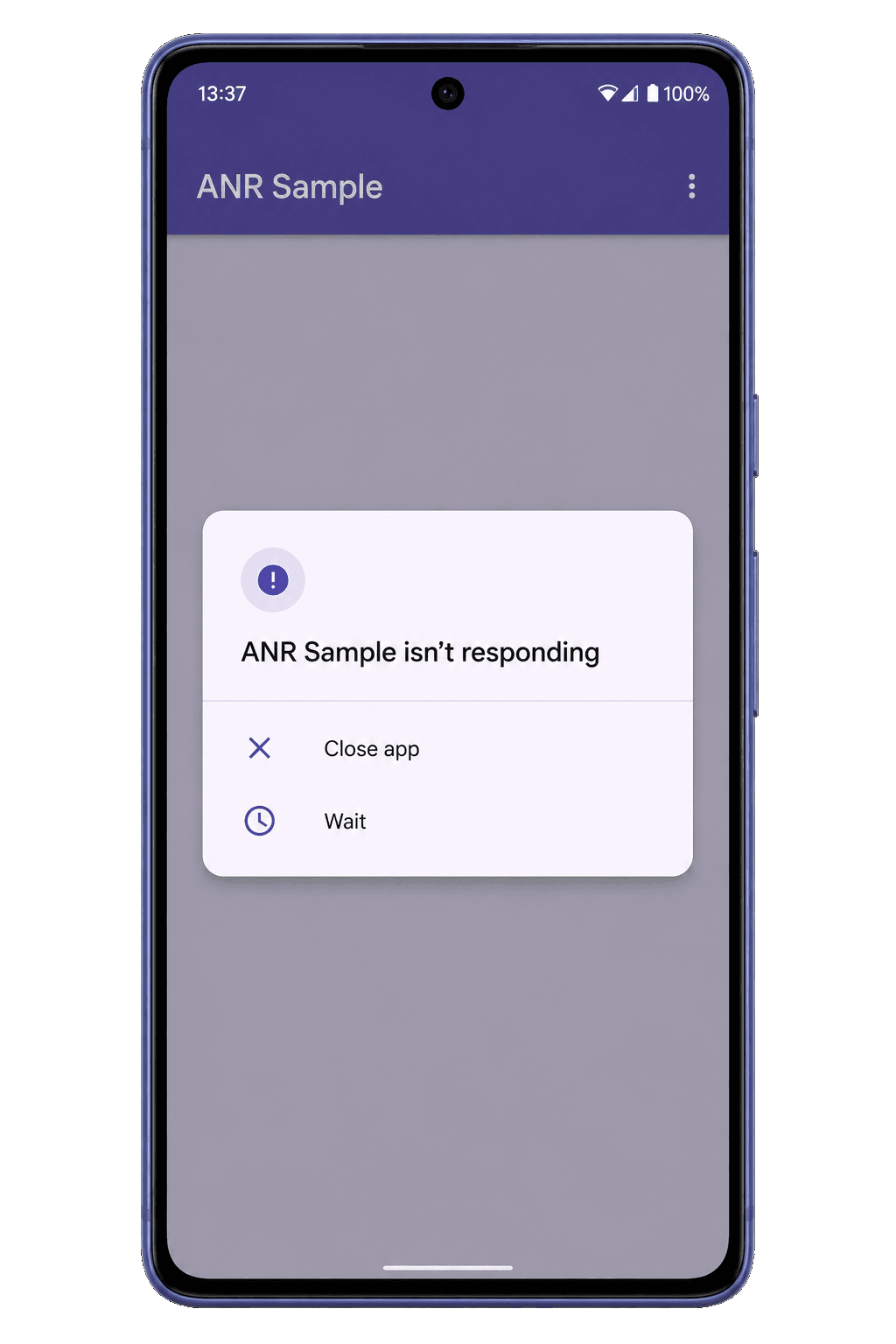 Systémové dialogové okno Android ANR s možnostmi počkat nebo zavřít aplikaci