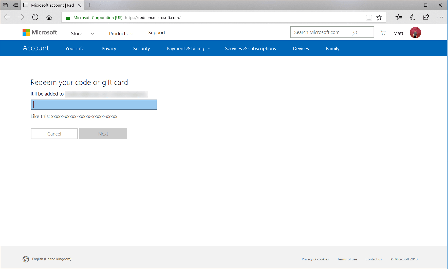 Web browser showing redeem.microsoft.com with a 25-character code entry text field