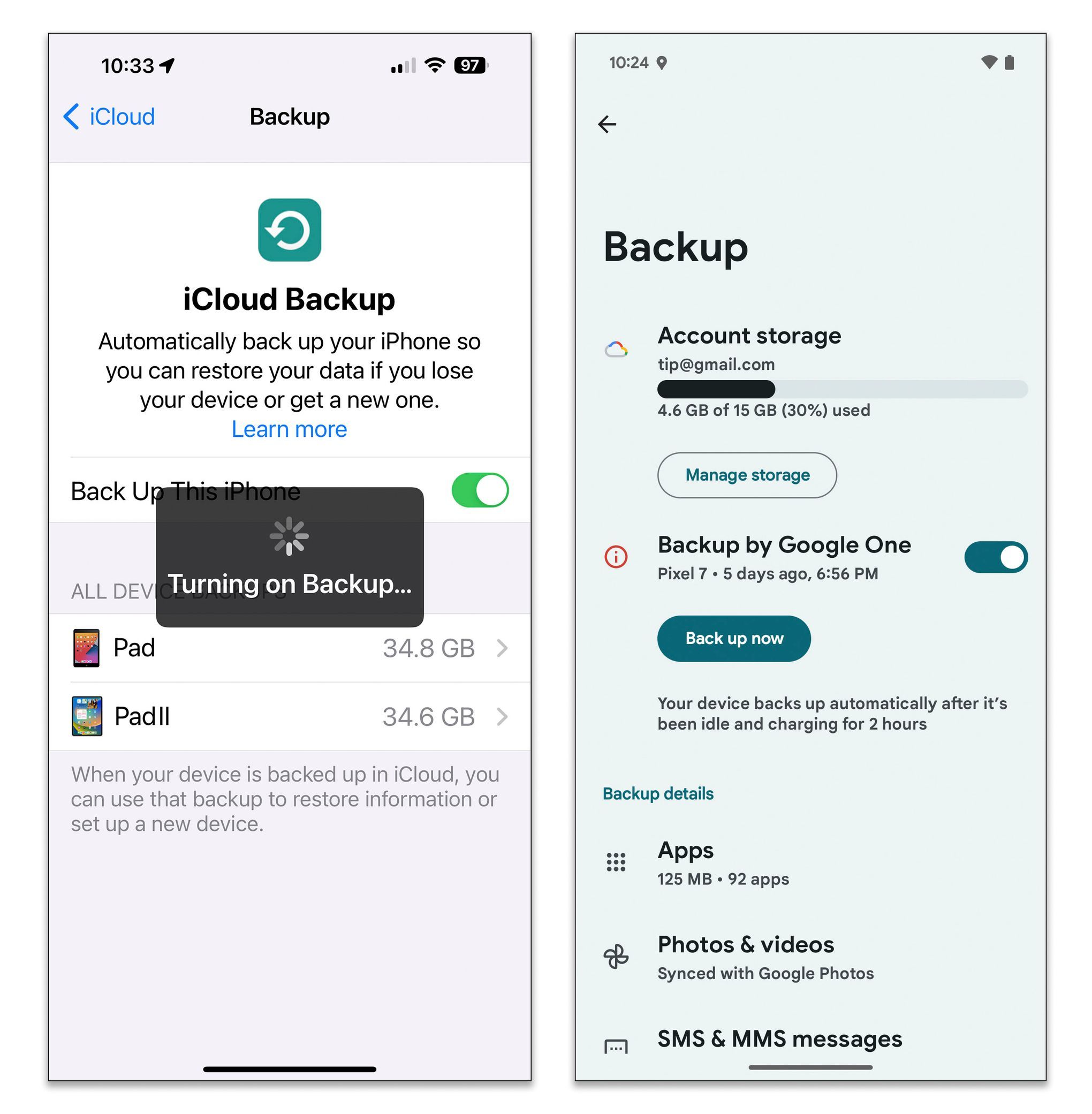 Bildschirm der Gerätesystemeinstellungen mit Details zu Kontoverwaltung und Cloud-Speicher-Backup-Optionen