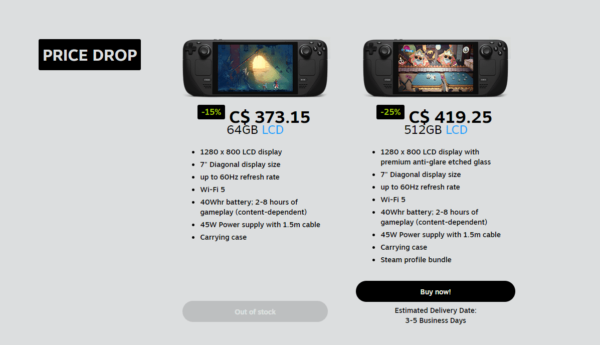 Steam Deck screen displaying discounted games library